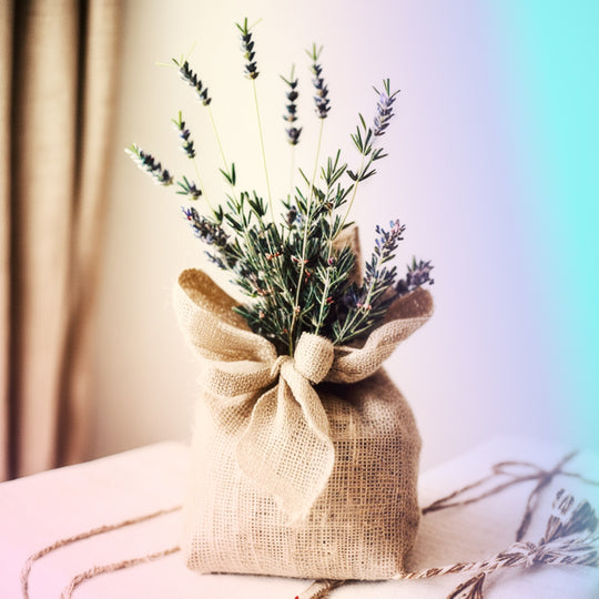 Photo of a gift with a lavender plant, wrapped in burlap fabric and linen. With a bow.